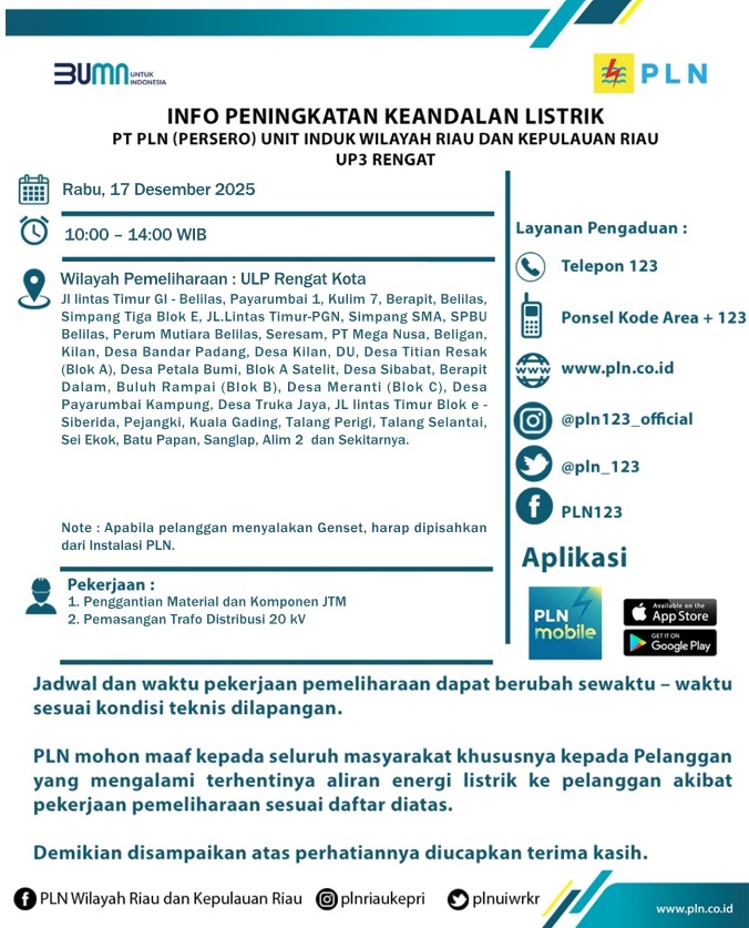 Besok Listrik Padam DiInhu, Ini Jadwal dan Titiknya