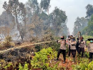 Kapolres Inhu Berjibaku Lakukan Pemadaman dan Pendinginan Kebakaran di Lokasi Tanah Sitaan Negara